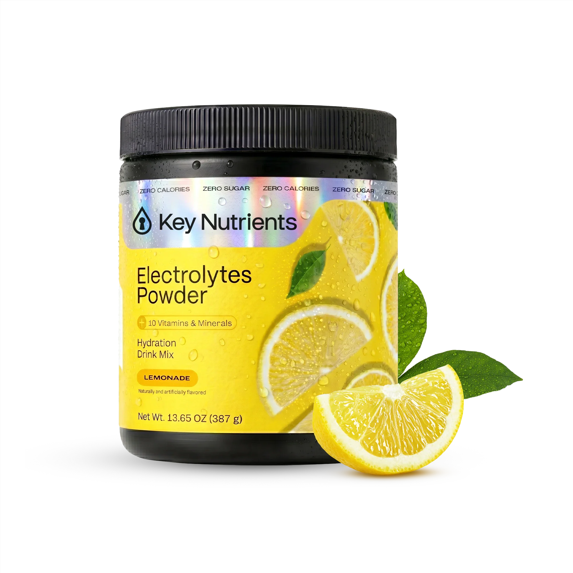 Key Nutrients Electrolyte Recovery Plus Powder tub, Lemonade flavor, with fresh lemon slices