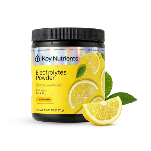 Key Nutrients Electrolyte Recovery Plus Powder tub, Lemonade flavor, with fresh lemon slices
