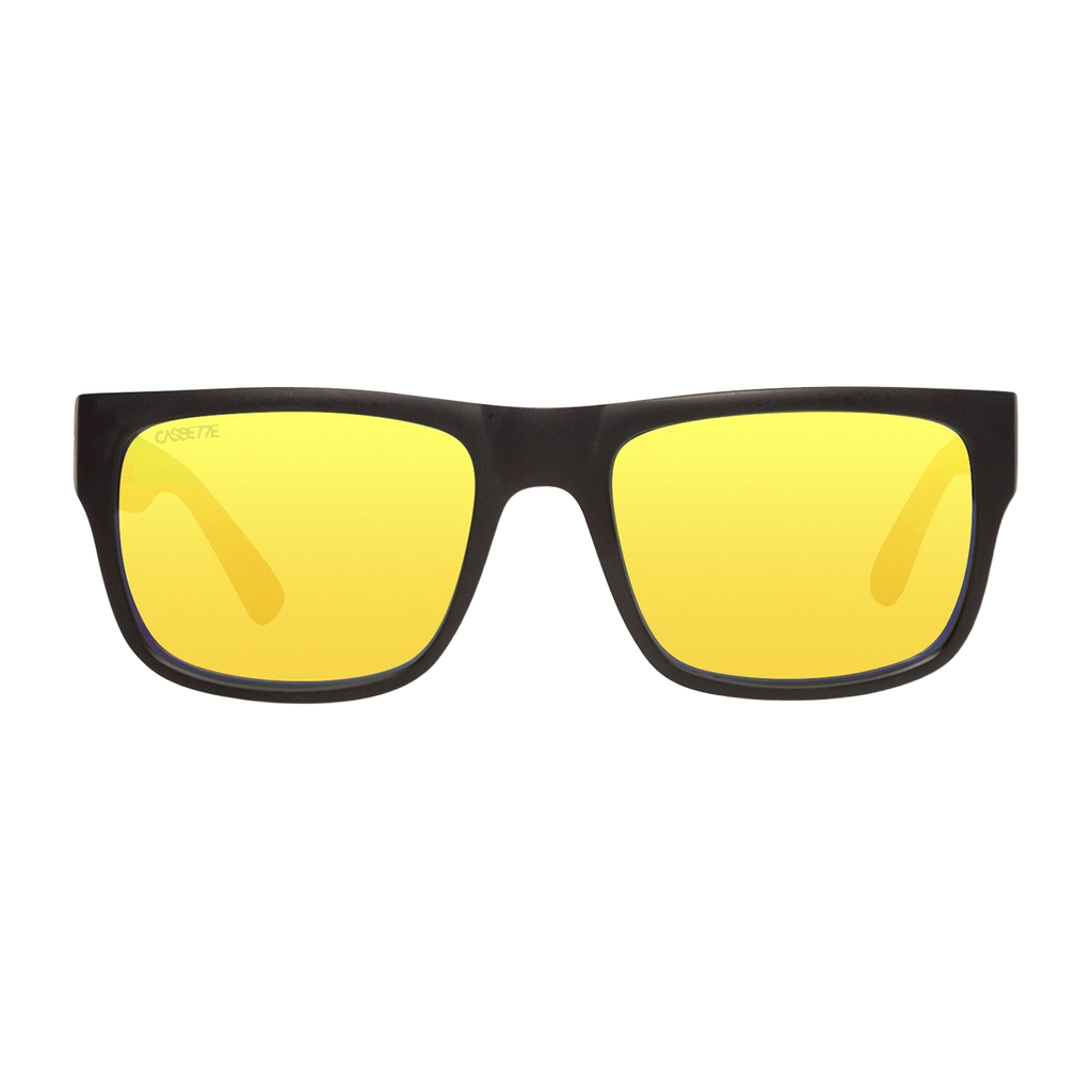 Stockholm sunglasses, matte black frame with gold mirror polarized lenses, transparent background
