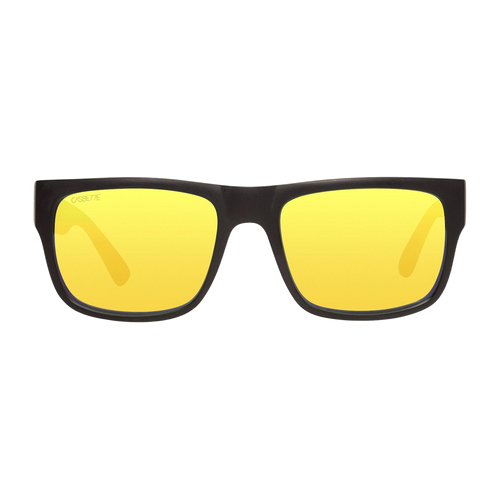 Stockholm sunglasses, matte black frame with gold mirror polarized lenses, transparent background