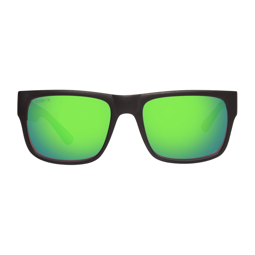 Stockholm sunglasses, matte black frame with green mirror polarized lenses, transparent background