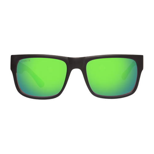 Stockholm sunglasses, matte black frame with green mirror polarized lenses, transparent background